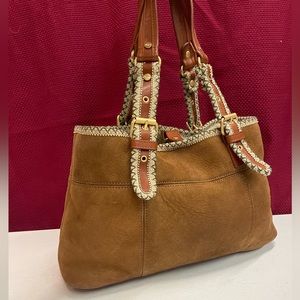 * UGG Leather Suede Tan & Brown Shearling Handbag Tote Purse Wool Zigzag